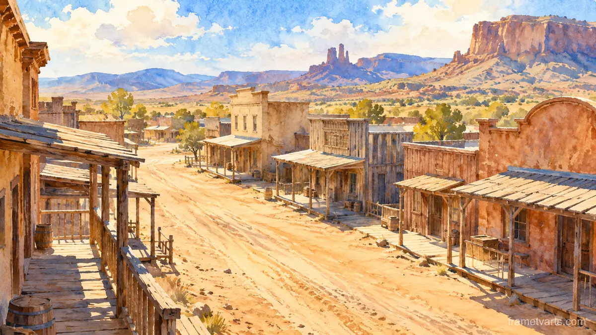 Western town street at noon, empty and dusty – loose watercolor Samsung Frame TV art, 4K