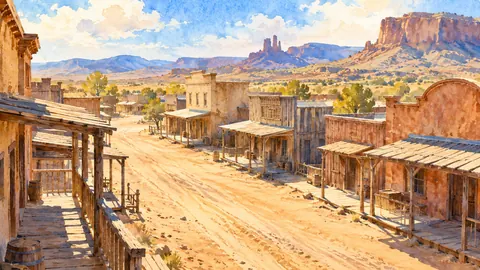 Western town street at noon, empty and dusty – loose watercolor Frame TV art