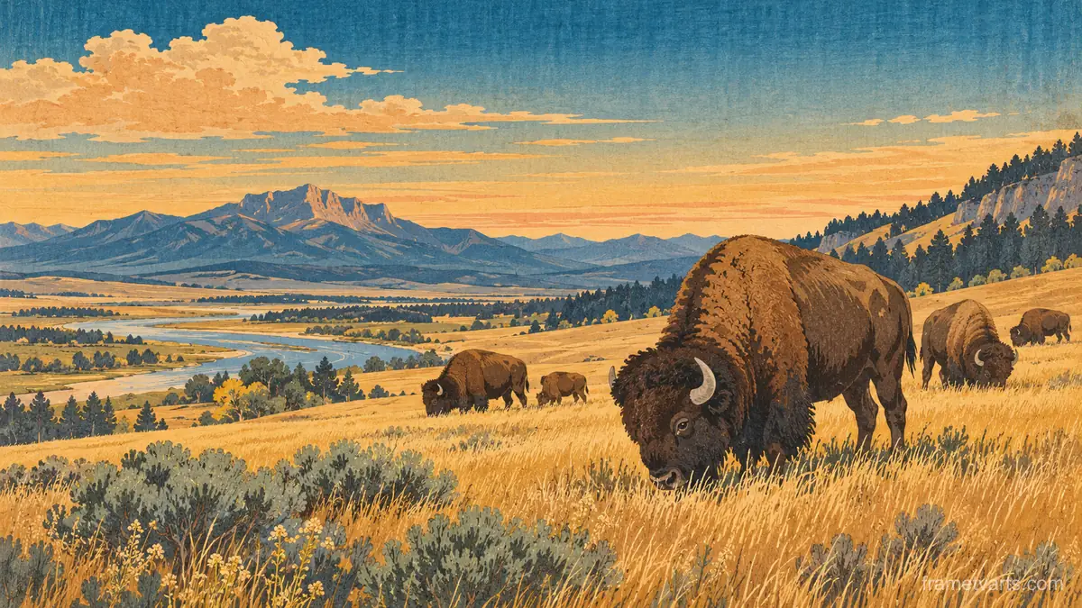 Bison herd grazing on golden plains – japanese-inspired woodblock print Samsung Frame TV art, 4K