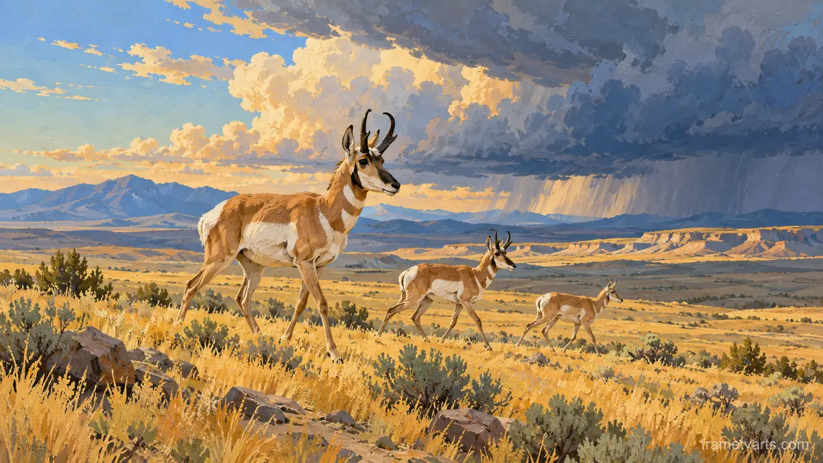 Pronghorn on an open plain under storm clouds – naturalist gouache Samsung Frame TV art, 4K