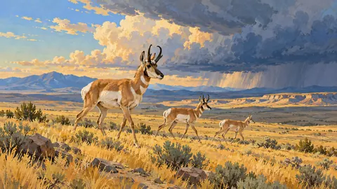 Pronghorn on an open plain under storm clouds – naturalist gouache Frame TV art