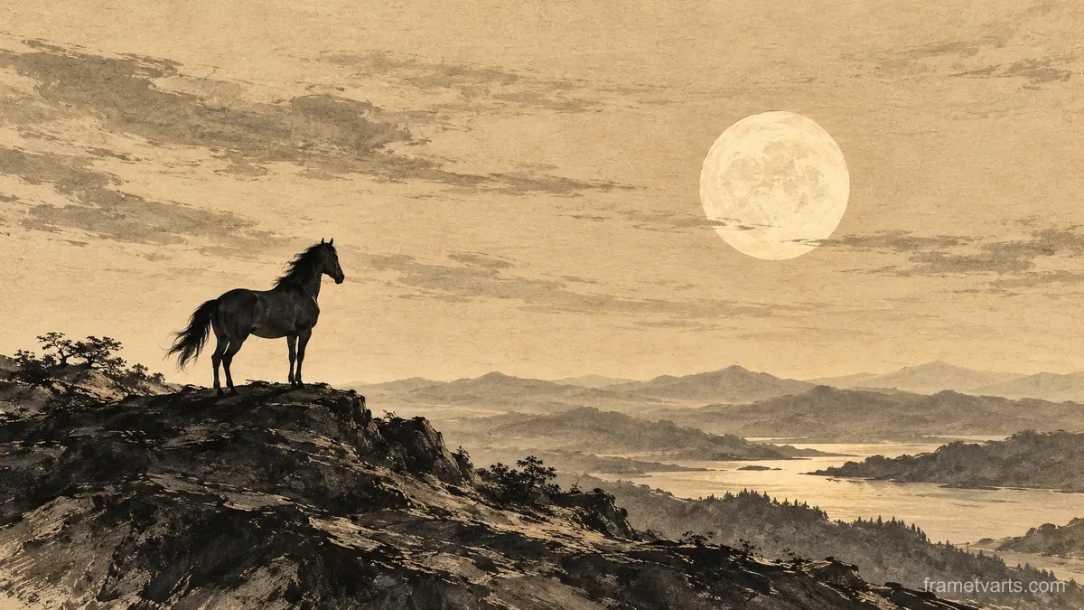 Horse silhouette on a ridge against the moon – monochrome minimalist abstraction Samsung Frame TV art, 4K