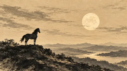 Horse silhouette on a ridge against the moon – monochrome minimalist abstraction Frame TV art