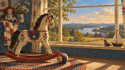 Rocking horse in a nursery window – americana folk painting Frame TV art