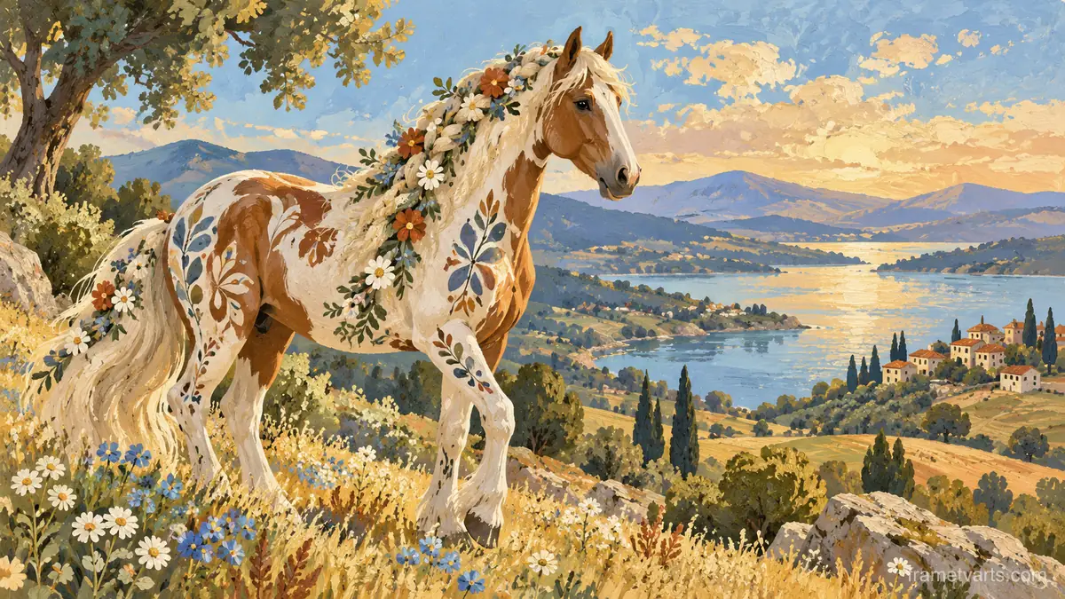Folk-art horse with flowers braided in its mane – decorative folk gouache Samsung Frame TV art, 4K