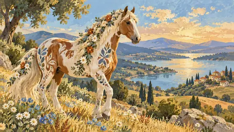 Folk-art horse with flowers braided in its mane – decorative folk gouache Frame TV art
