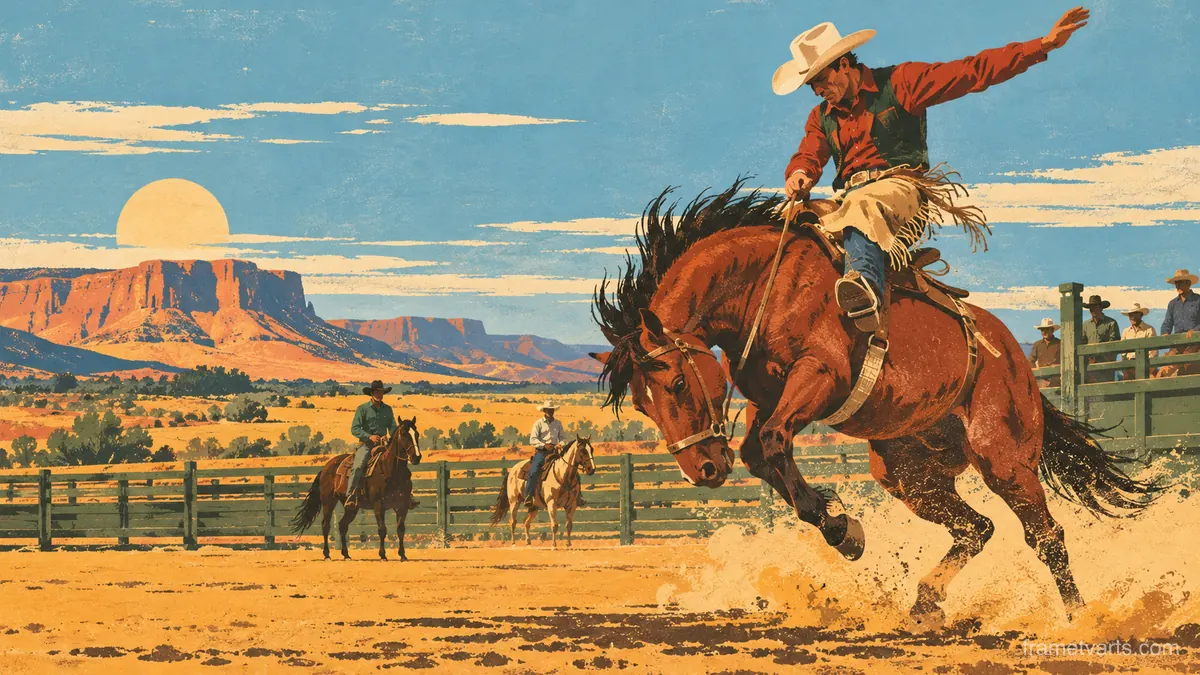 Retro rodeo scene in flat colour – retro mid-century illustration Samsung Frame TV art, 4K