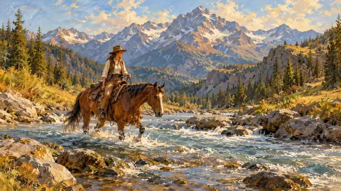Horse and rider fording a mountain river – impressionist oil painting Frame TV art