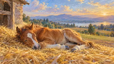 Foal sleeping in straw – chalk pastel study Frame TV art