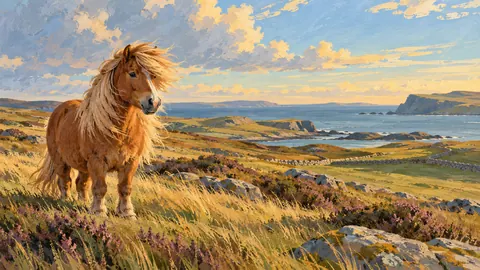 Shetland pony in a windswept field – storybook gouache Frame TV art
