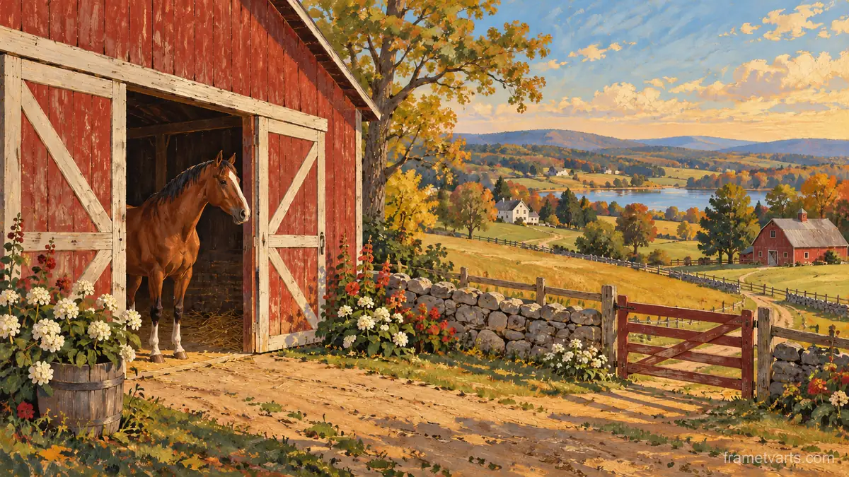 Horse in a red barn doorway – americana folk painting Samsung Frame TV art, 4K