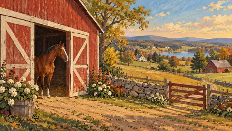 Horse in a red barn doorway – americana folk painting Frame TV art
