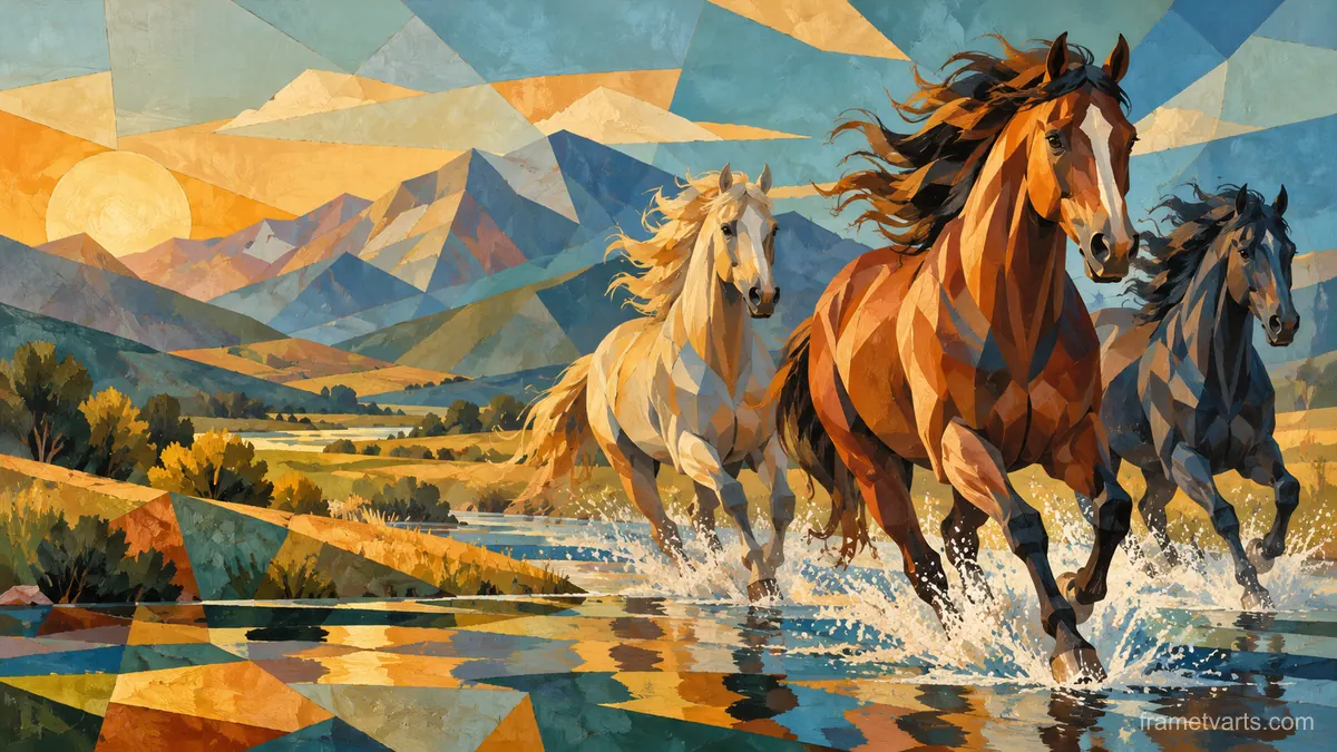 Wild horses in a geometric jewel-tone composition – jewel-tone geometric modernism Samsung Frame TV art, 4K