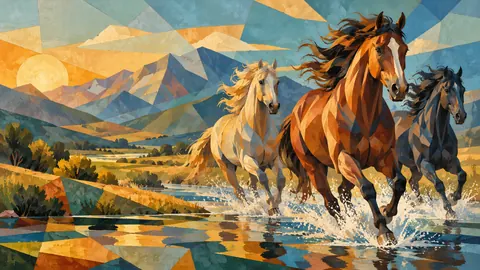 Wild horses in a geometric jewel-tone composition – jewel-tone geometric modernism Frame TV art