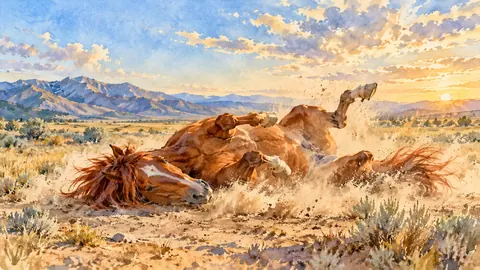 Chestnut horse rolling in a dust bath – loose watercolor Frame TV art