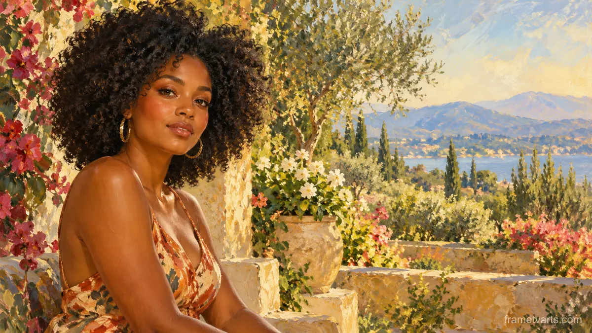Black woman with a natural afro in a sunlit garden – contemporary figurative oil portrait Samsung Frame TV art, 4K