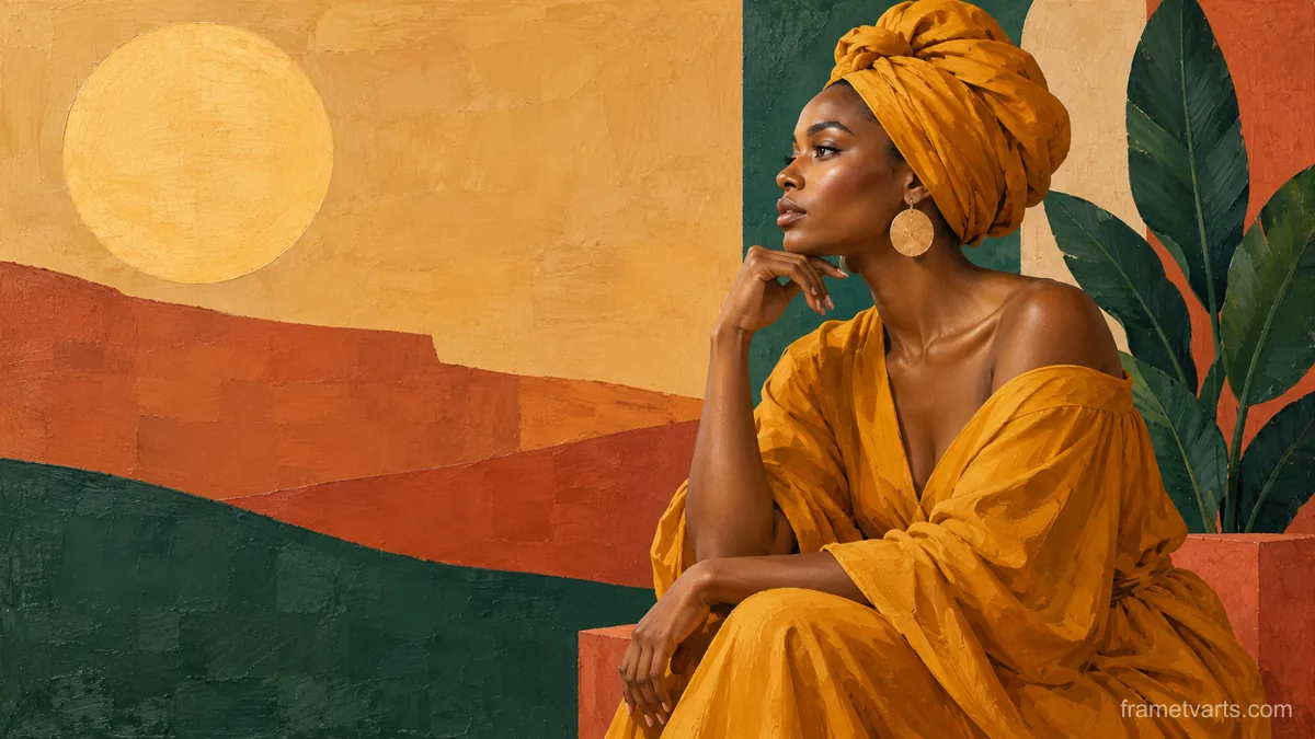 Black woman in a mustard headwrap, side profile – modern color-block figurative painting Samsung Frame TV art, 4K
