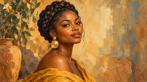 Black woman with braided crown and gold earrings – contemporary figurative oil portrait Frame TV art