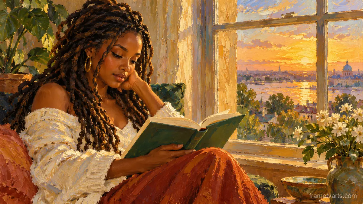 Black woman with locs reading by a window – impressionist oil painting Samsung Frame TV art, 4K