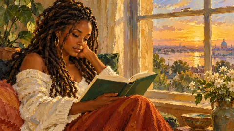 Black woman with locs reading by a window – impressionist oil painting Frame TV art