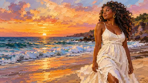 Black woman in a white linen dress on a beach at dusk – expressive palette-knife painting Frame TV art