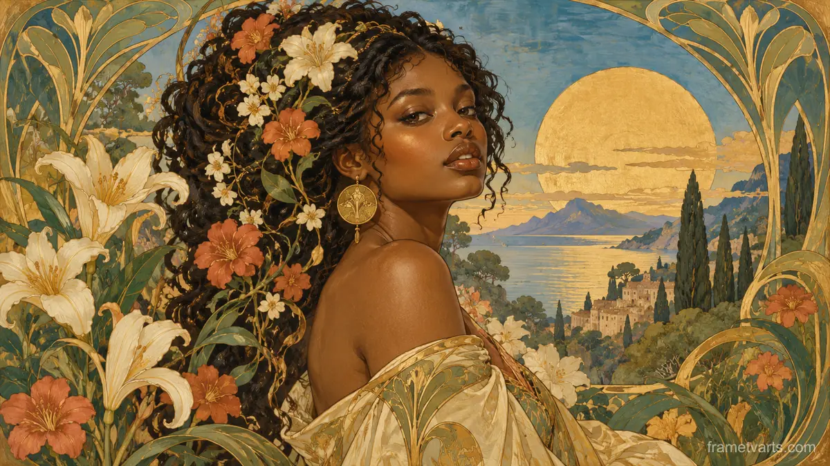 Black woman with flowers woven into her hair – decorative art nouveau painting Samsung Frame TV art, 4K