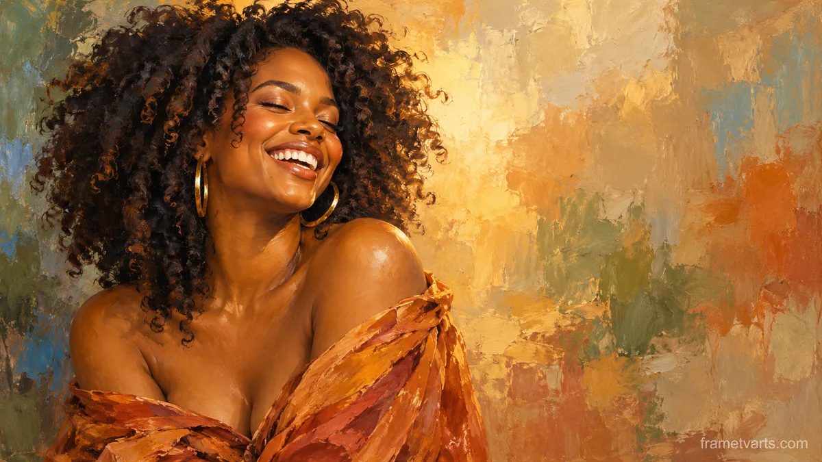 Black woman laughing with her eyes closed in warm light – contemporary figurative oil portrait Samsung Frame TV art, 4K