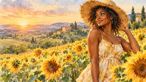 Black woman in a sunflower field in a straw hat – loose watercolor Frame TV art