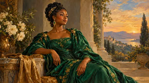 Black woman in an emerald gown, regal portrait – classical devotional oil painting Frame TV art