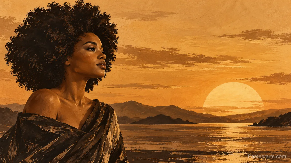 Black woman silhouette with an afro against a sunset – monochrome minimalist abstraction Samsung Frame TV art, 4K