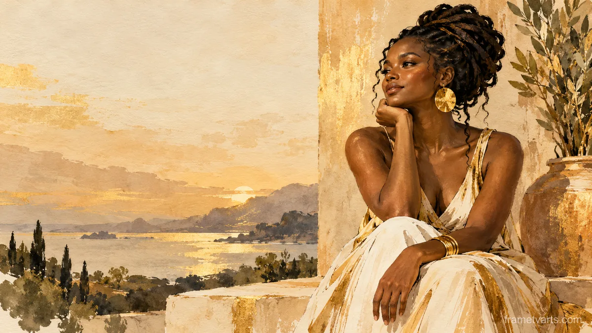 Black woman in minimal line portrait with gold accents – minimal ink and wash Samsung Frame TV art, 4K
