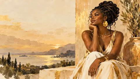 Black woman in minimal line portrait with gold accents – minimal ink and wash Frame TV art