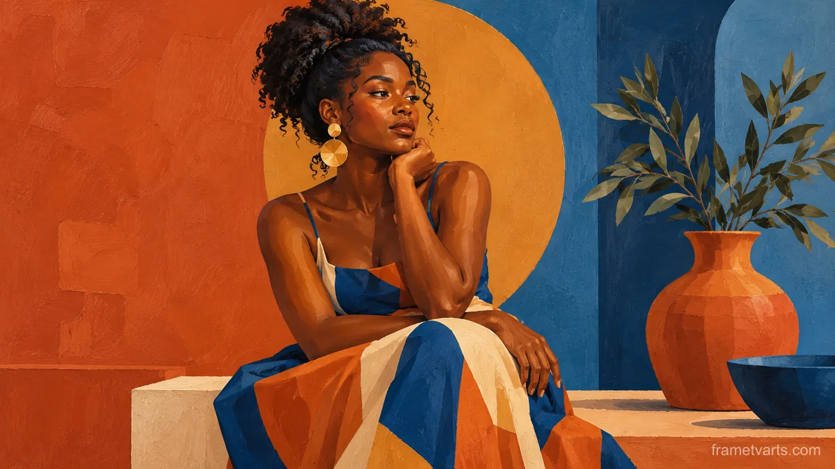 Black woman in a color-block portrait in terracotta and blue – modern color-block figurative painting Samsung Frame TV art, 4K