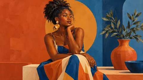 Black woman in a color-block portrait in terracotta and blue – modern color-block figurative painting Frame TV art