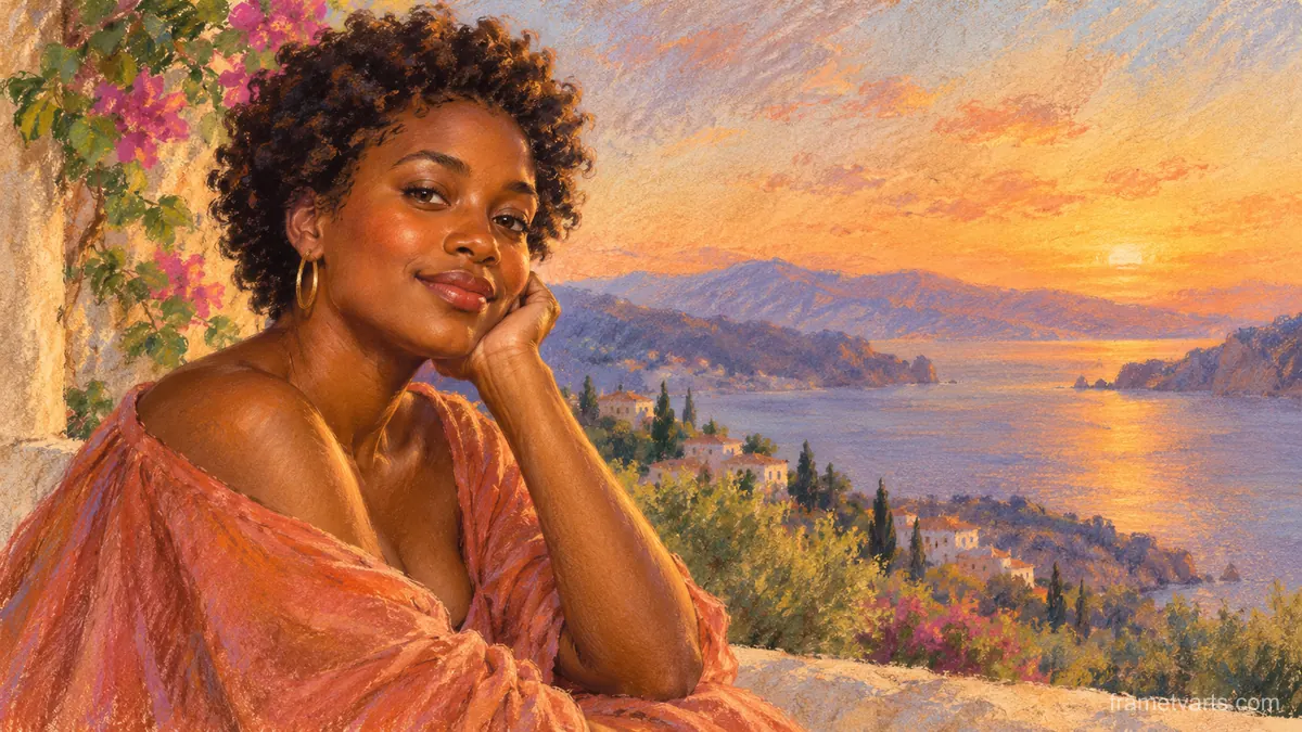 Black woman with short natural curls in soft pastel – soft pastel drawing Samsung Frame TV art, 4K