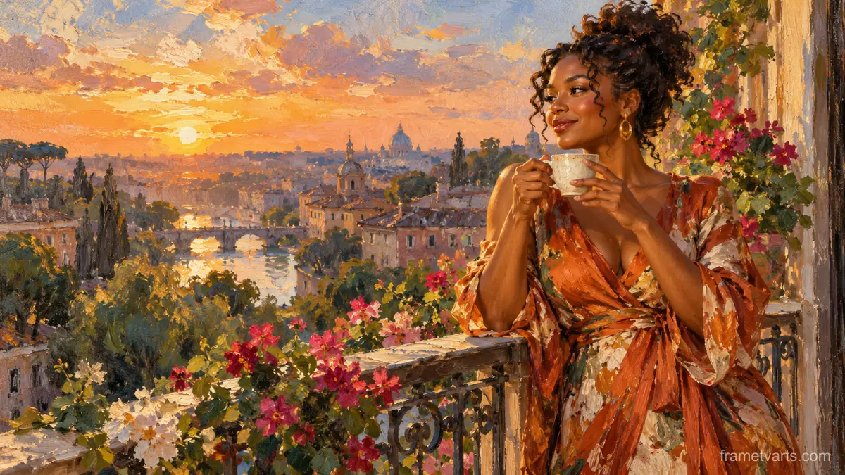 Black woman sipping coffee on a city balcony – impressionist oil painting Samsung Frame TV art, 4K