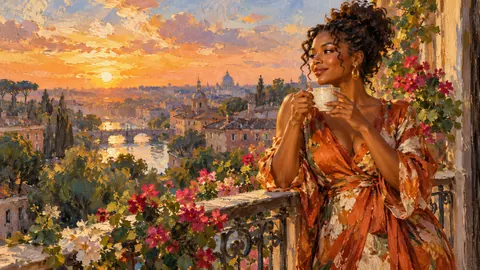 Black woman sipping coffee on a city balcony – impressionist oil painting Frame TV art