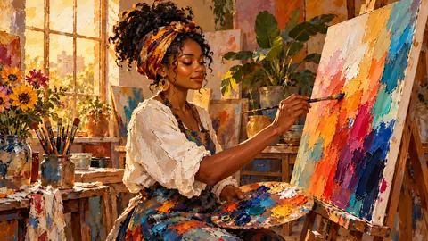 Black woman painting at an easel in her studio – expressive palette-knife painting Frame TV art