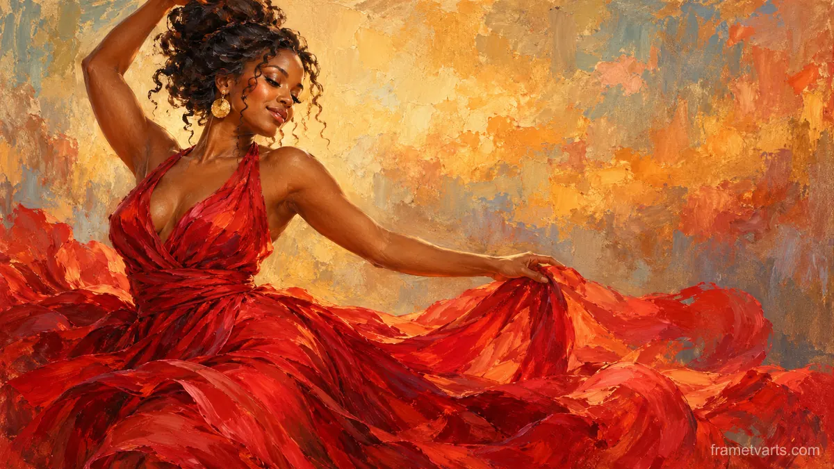 Black woman dancing in a flowing red dress – atmospheric oil painting Samsung Frame TV art, 4K