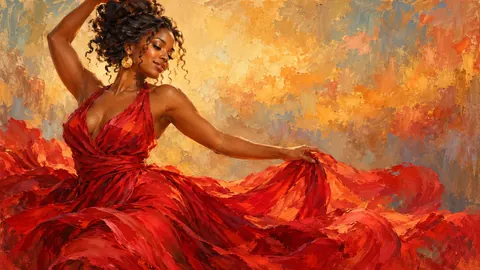 Black woman dancing in a flowing red dress – atmospheric oil painting Frame TV art