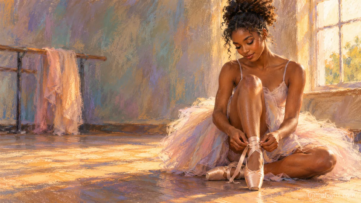 Black ballerina tying her pointe shoes – chalk pastel study Samsung Frame TV art, 4K