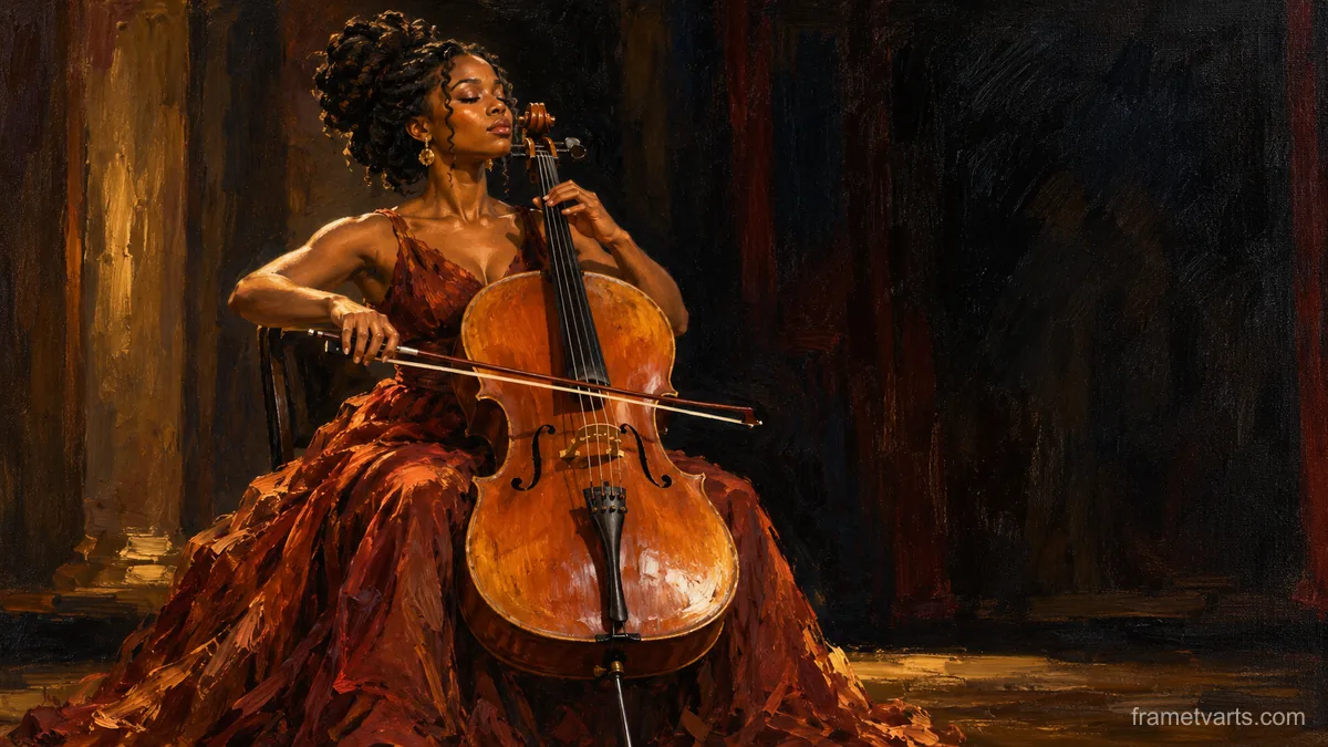 Black woman with a cello on a dark stage – tonal oil painting Samsung Frame TV art, 4K