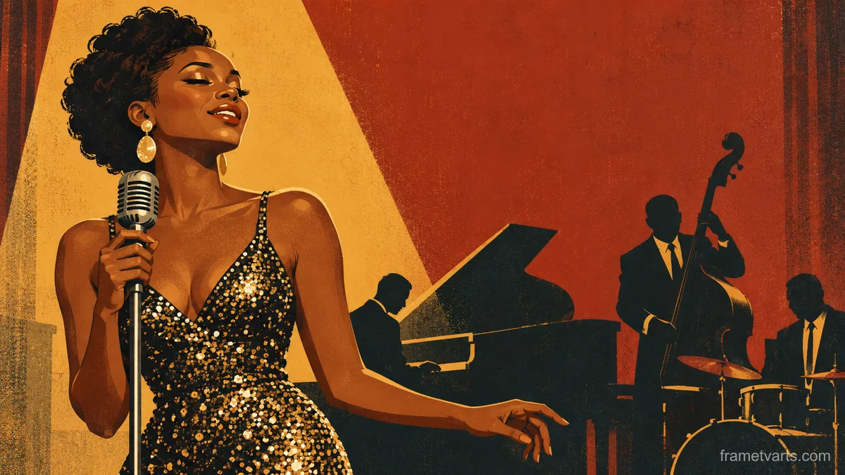 Black jazz singer in a sequined gown under a spotlight – retro mid-century illustration Samsung Frame TV art, 4K