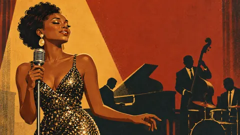 Black jazz singer in a sequined gown under a spotlight – retro mid-century illustration Frame TV art