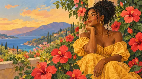 Black woman in a garden of hibiscus – storybook gouache Frame TV art