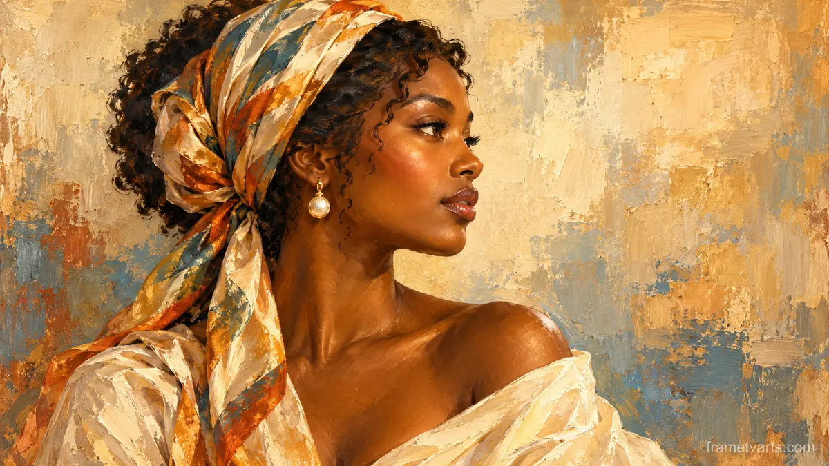 Black woman in profile with a pearl earring and silk scarf – contemporary figurative oil portrait Samsung Frame TV art, 4K