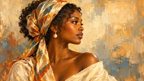 Black woman in profile with a pearl earring and silk scarf – contemporary figurative oil portrait Frame TV art