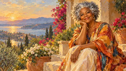 Black grandmother with silver natural hair smiling – impressionist oil painting Frame TV art