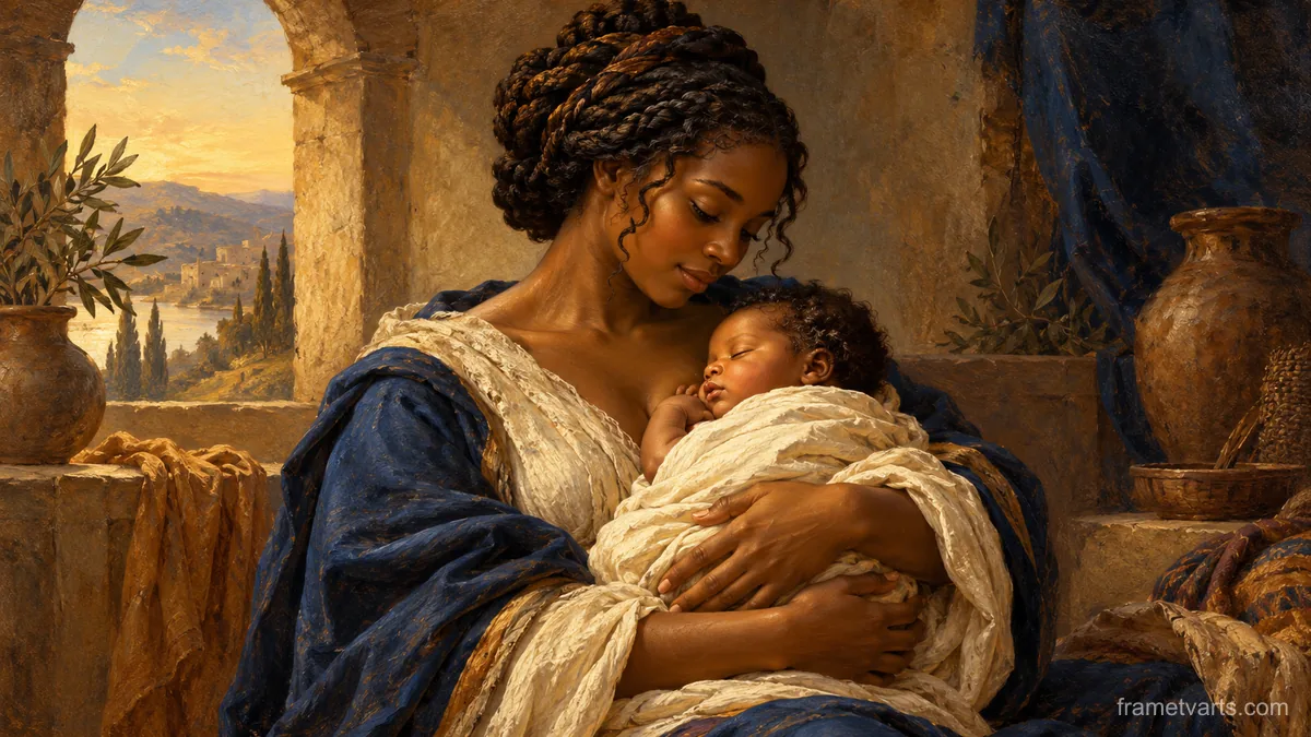 Black mother cradling her newborn – classical devotional oil painting Samsung Frame TV art, 4K