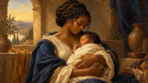 Black mother cradling her newborn – classical devotional oil painting Frame TV art